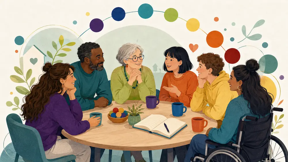 Illustration of a diverse group sharing ideas around a table at an inclusive community gathering.