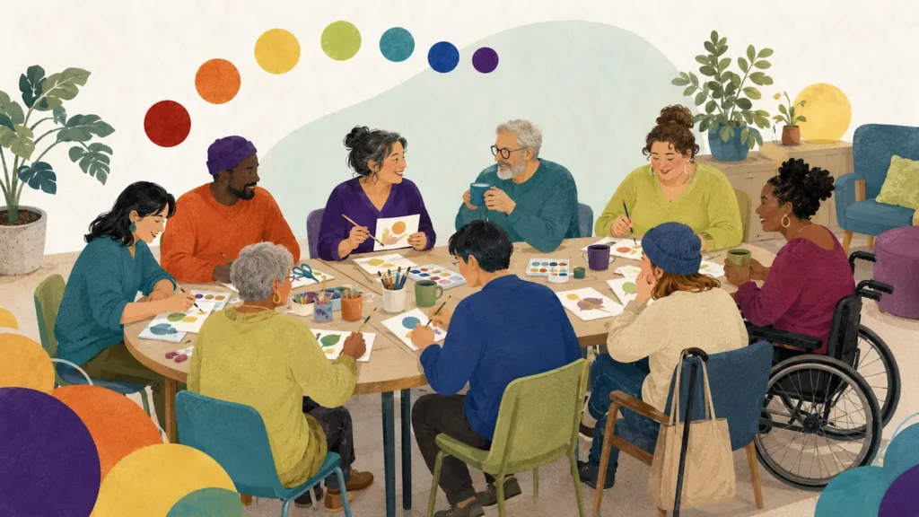 What Is Community Wellbeing, and Why Does Connection Matter? Diverse adults painting and talking together during an inclusive community wellbeing activity.
