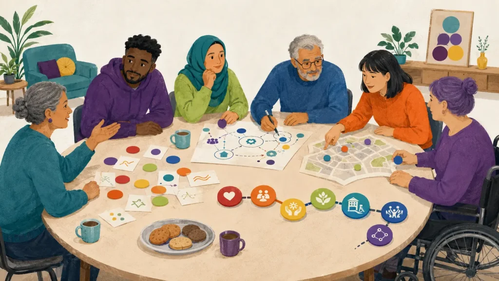 From Good Intentions to Community-Led Wellbeing Projects Diverse community members sharing ideas and planning inclusive local wellbeing support together.
