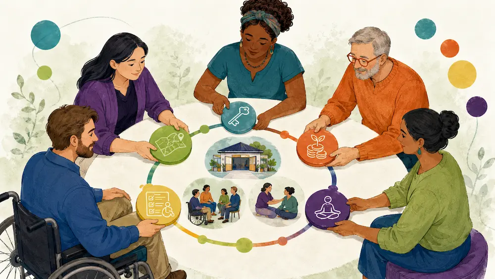 Stronger Together: How Community Partnerships Create Change Community partners planning an accessible wellbeing project using maps, resources and a shared project plan.