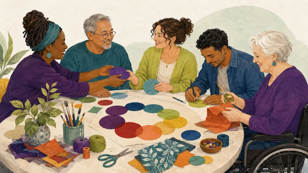 More Than Making Things: How Creative Workshops Build Connection Adults taking part in accessible aromatherapy, art, journalling, nature craft and music activities.